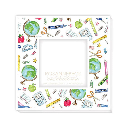 School Icons Pattern Globe School Supplies Frame 4x4-White