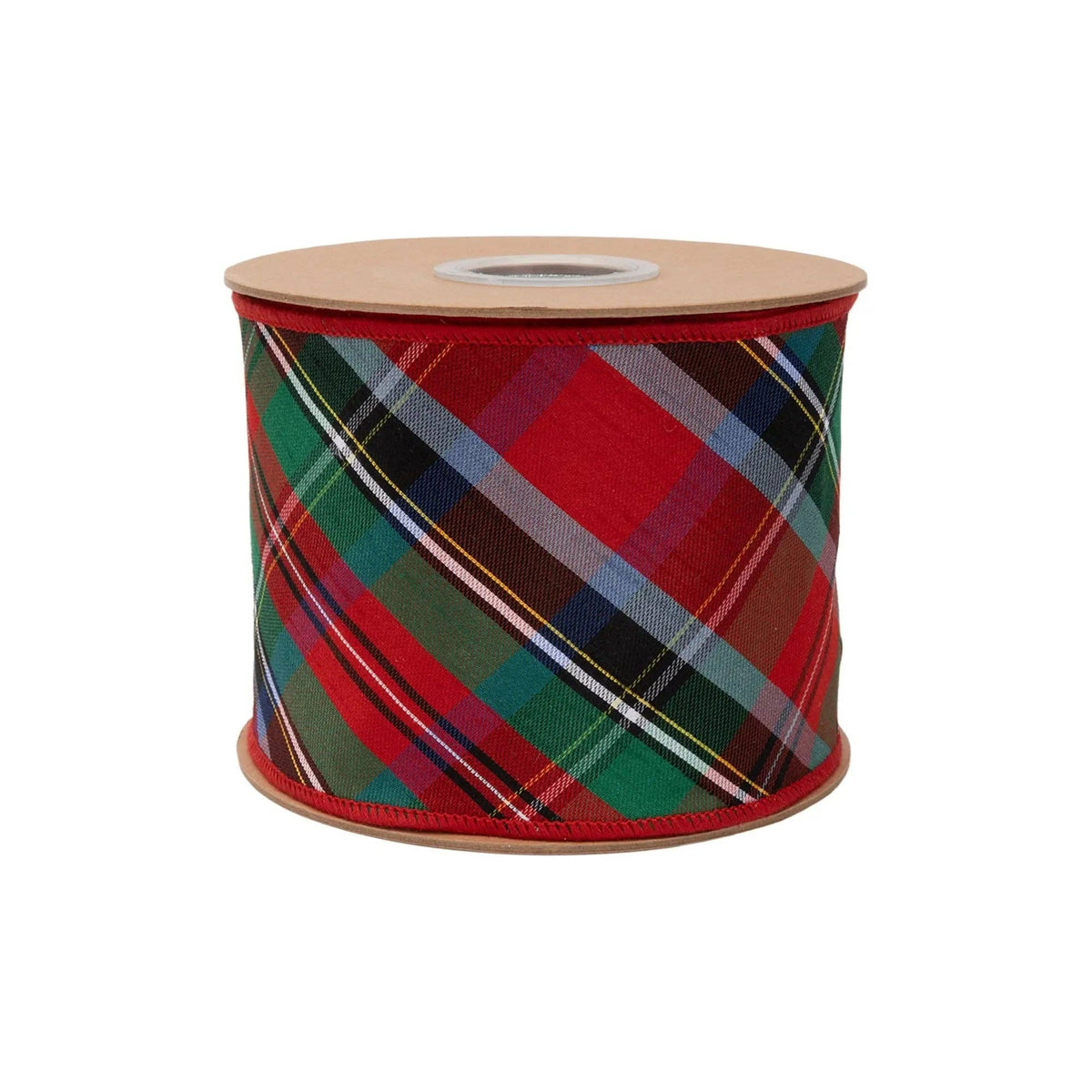4" Wired Dupioni Ribbon | Bias Cut Traditional Christmas Plaid Red/Green/Blue w/ Blue Backing | 10 Yard Roll