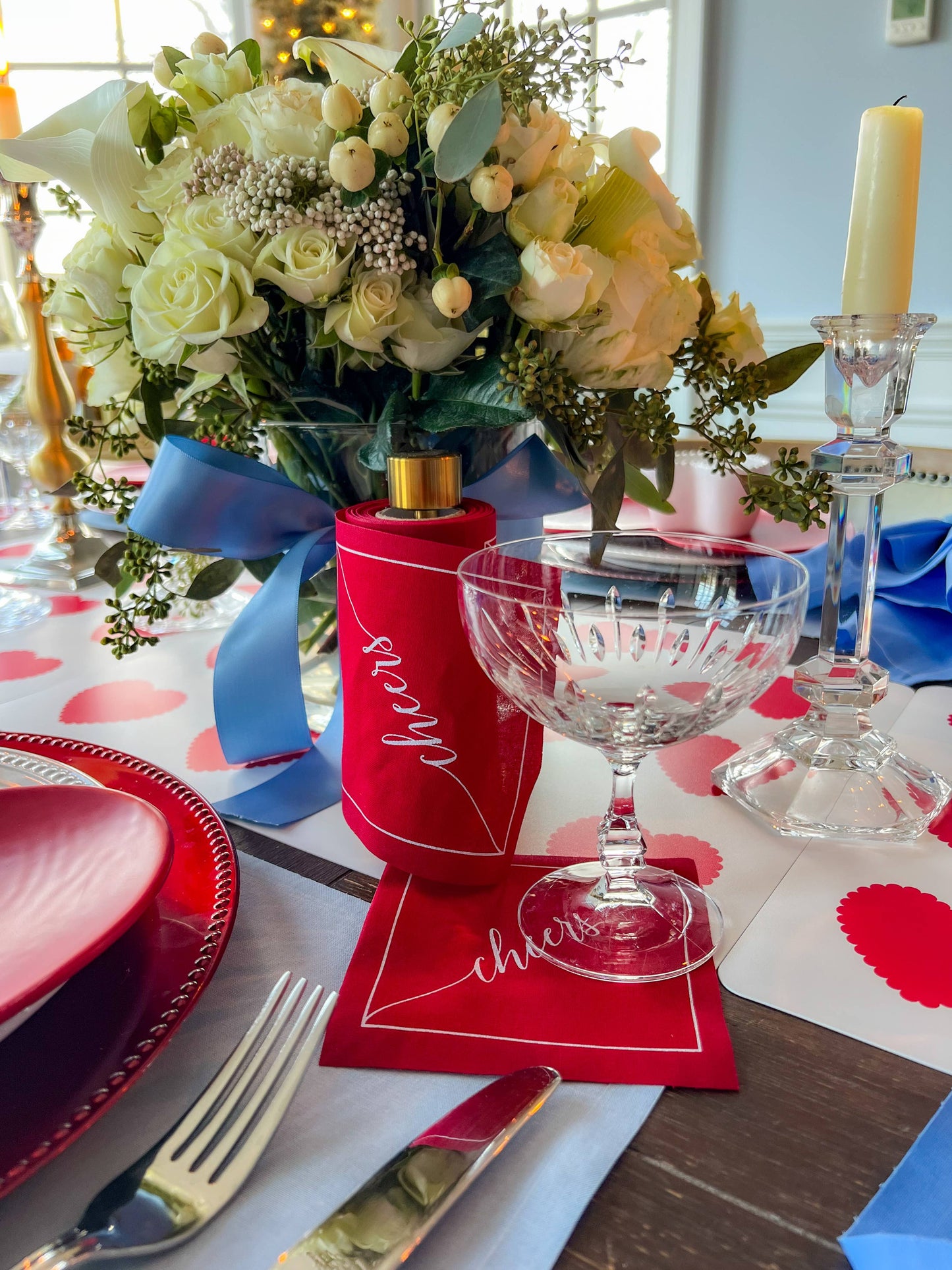Cotton Cocktail Napkin Roll: The Red Carpet - White "Cheers"