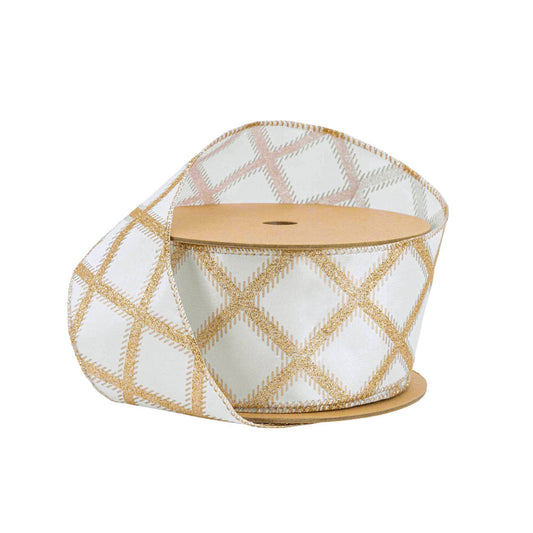 Gold Glitter Diamonds Wired Ribbon on Ivory, 10 Yard Roll