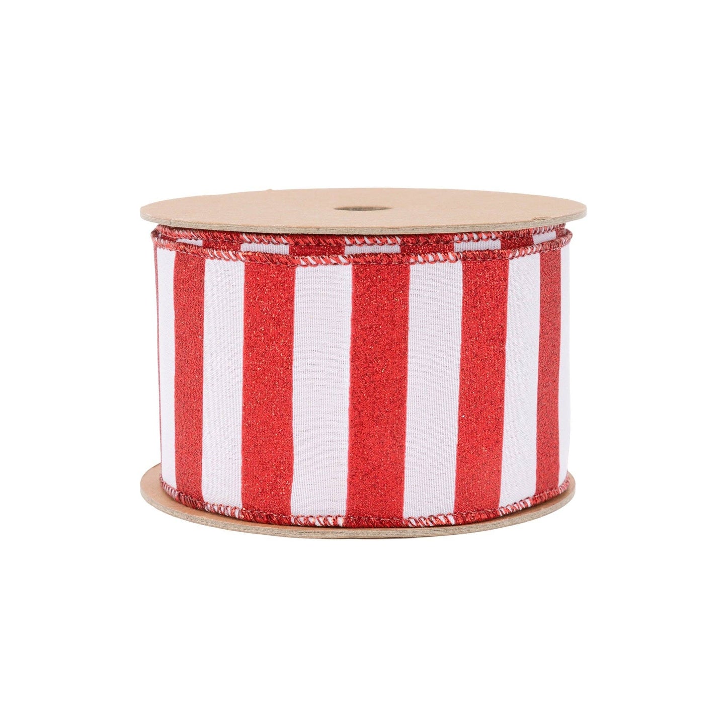 Red Glittered Stripes on White Wired Ribbon, 10 Yard Roll