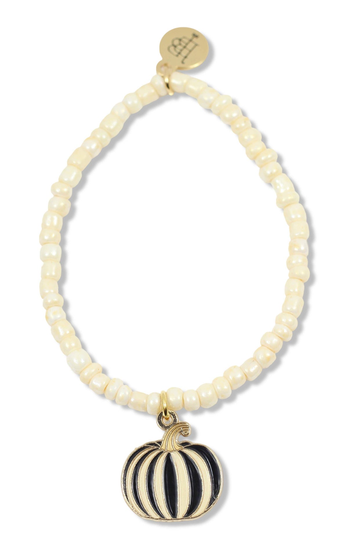 Stacker Stretch Bracelet - White Pearl Seed Bead/Black Striped Pumpkin
