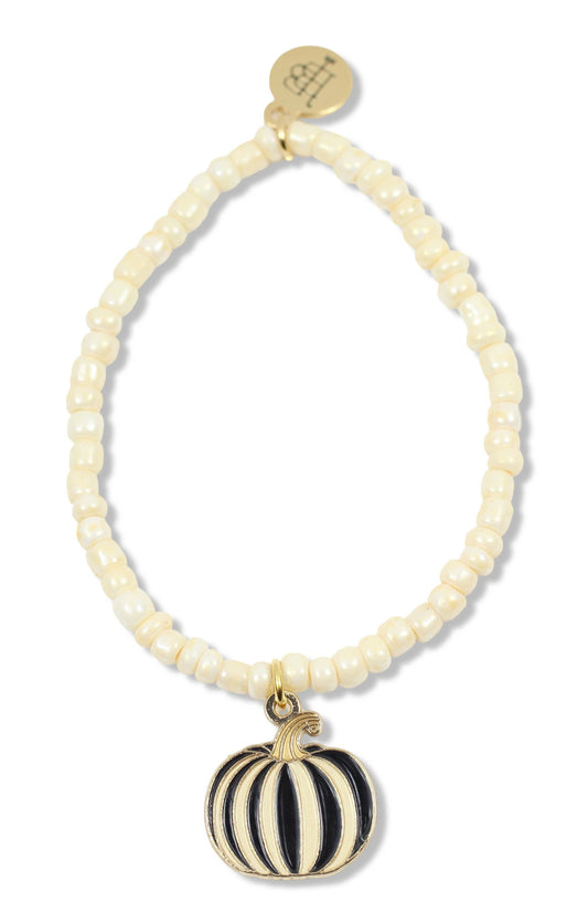 Stacker Stretch Bracelet - White Pearl Seed Bead/Black Striped Pumpkin