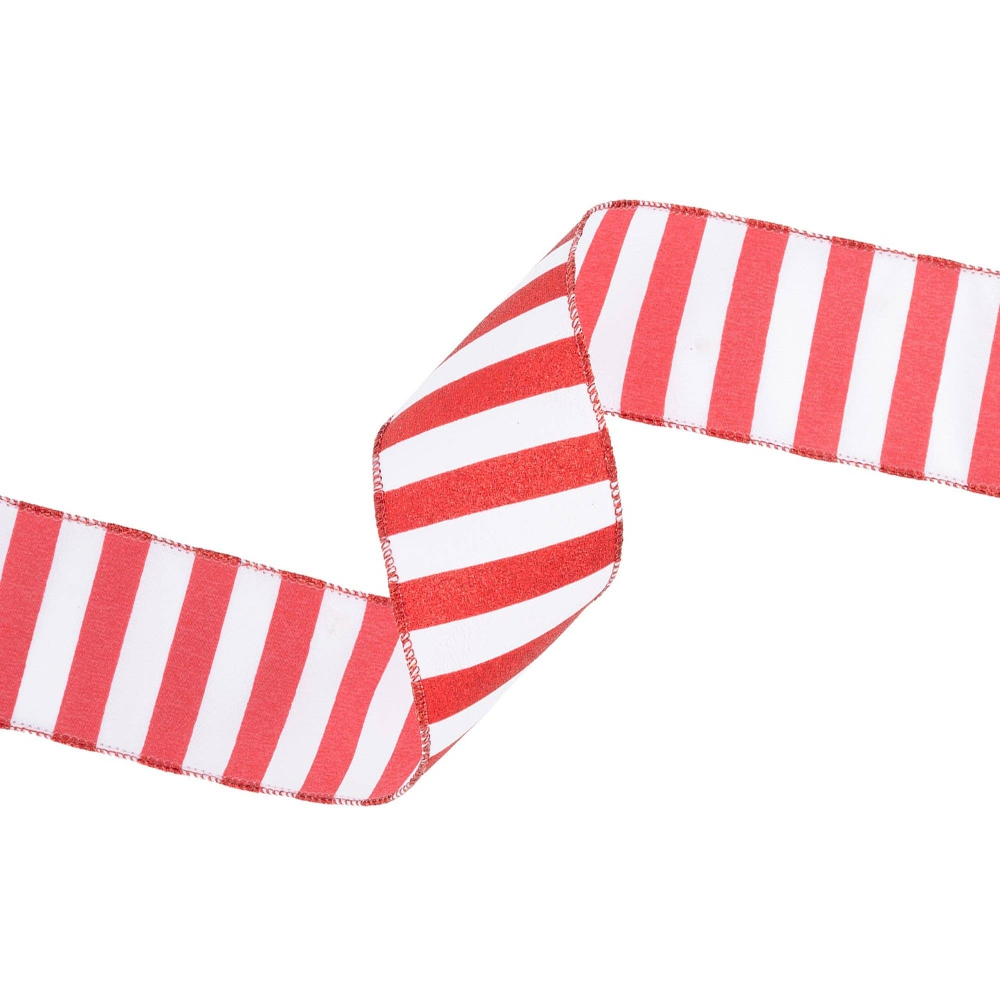 Red Glittered Stripes on White Wired Ribbon, 10 Yard Roll