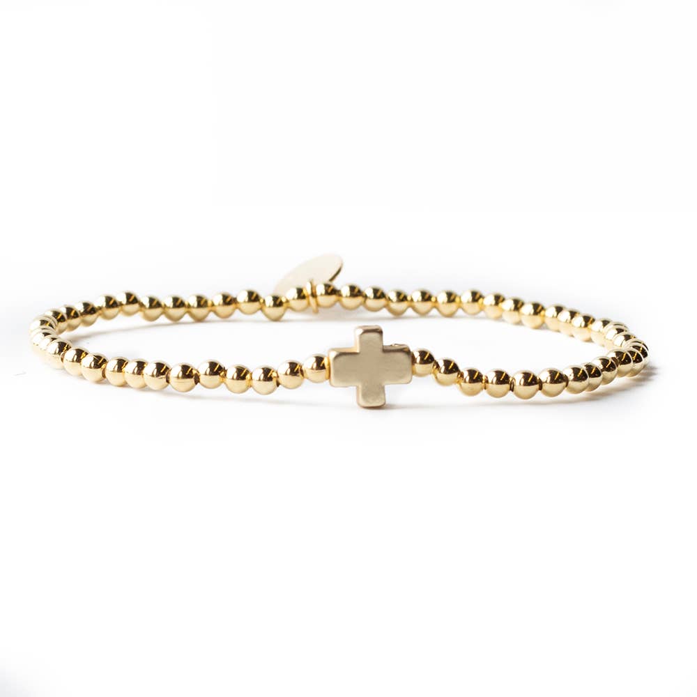 Faith Over Fear Cross Bracelet, 4mm -Gold Beaded | Christian
