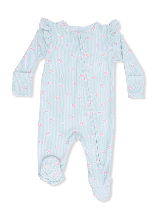 Tiny Cherry Stripe - 2 Way Ruffle Sleeve Zipper Footie